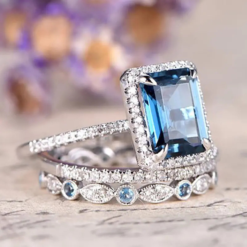3PCS Elegant Wedding Rings Vintage Jewelry 925 Sterling Silver Fill Princess Cut Blue Cubic Zircon CZ Diamond Women's Fashion Bridal Ring Set Chr