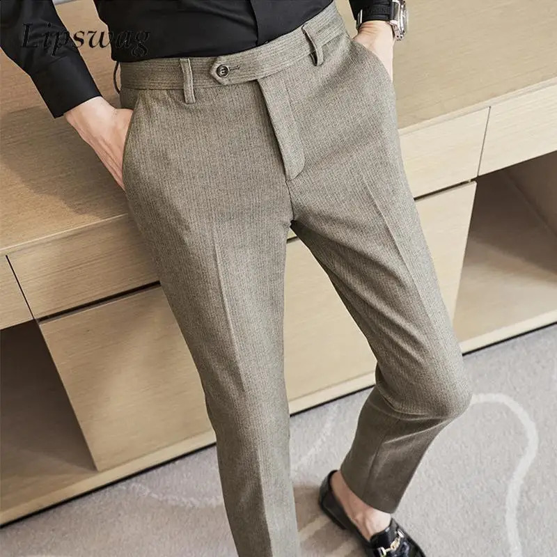 Office Business Casual Mens Trousers Autumn Vintage Striped Slim Fit Woolen Pants Men Winter Trendy Draped Straight Naples 241104