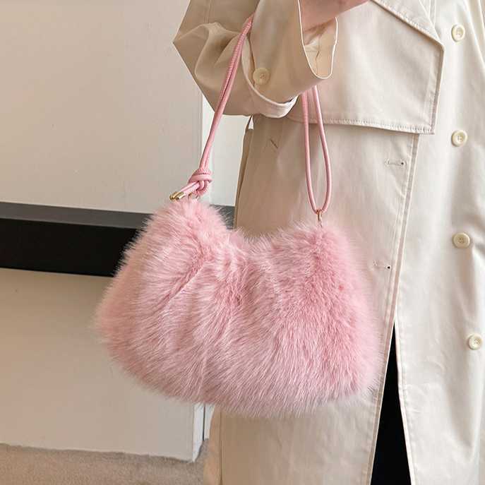 imitation rabbit fur bag, women's fashionable versatile armpit bag, casual hand-held shoulder bag, small fragrant style plush bag 241115