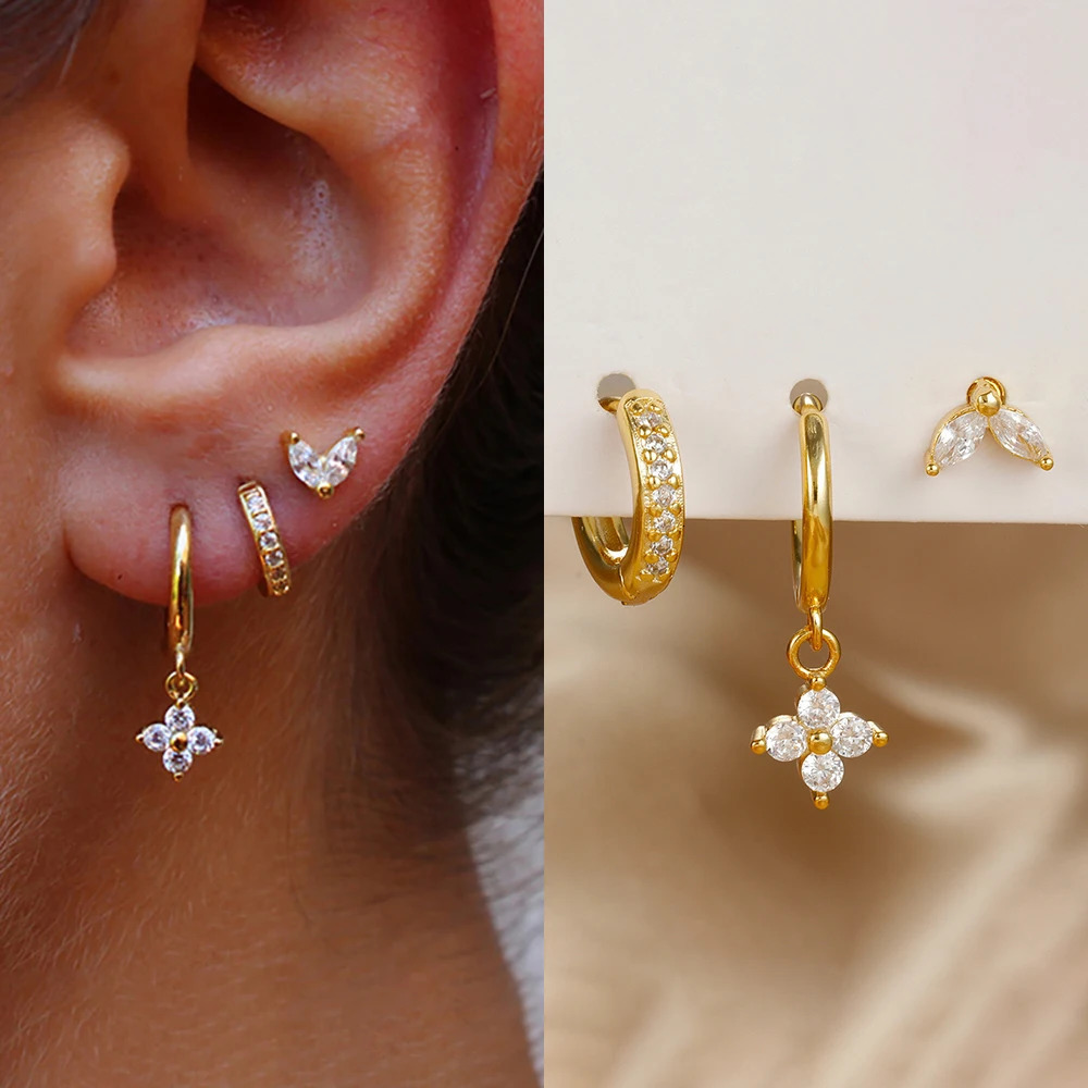 3PCS Exquisite Green Zircon Hanging Earrings Set for Women Stainless Steel Flower Dangle Earring Cartilage Piercing Jewelry 241106