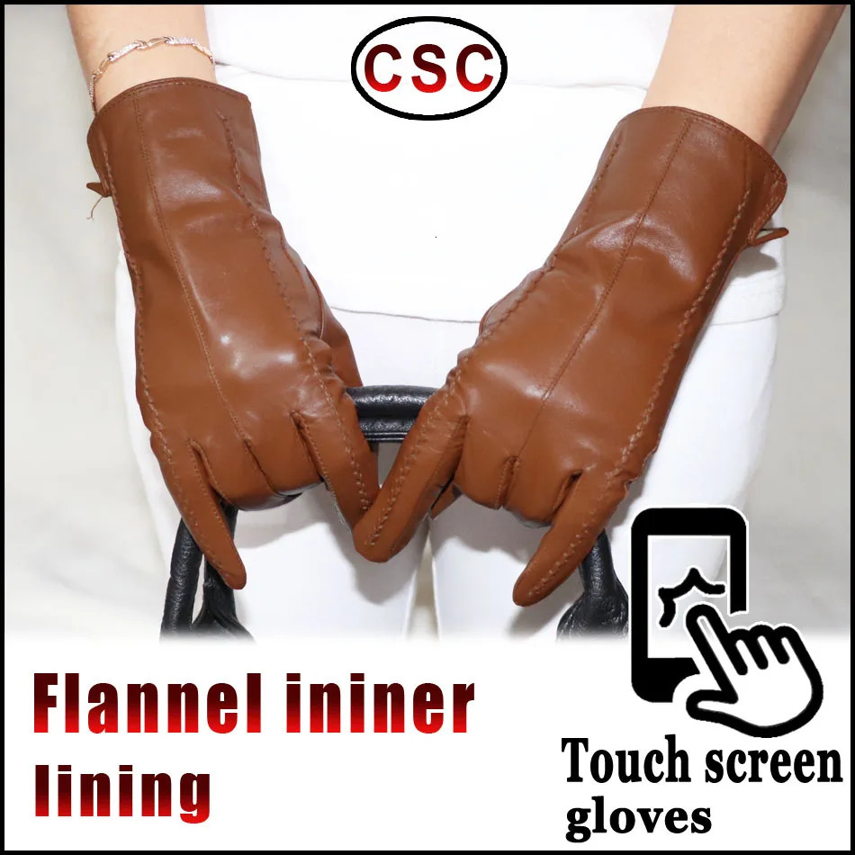 Leather gloves for women sheepskin flannel lining autumn and winter high-end black touch screen color drive model 241106