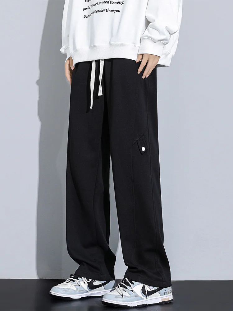 Autumn Mens Sweatpants Korean Fashion Solid Color String Banding Wide Leg Track Pants Straight Loose Cotton Trousers 241104