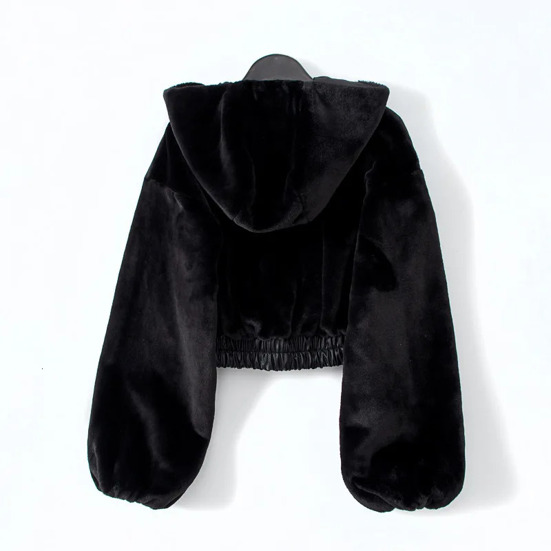 Short High Waist Faux Fur Womens Jacket Plush Warm Hooded Coats Spliced Leather Hem Jackets 2024 Winter in Coat Streetwear 241106