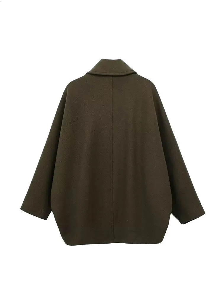 TRAF 2024 Autumn Winter Women Wool Blend Coat Lapel Cape Sleeves Fashion Oversized Button Chic Outdoor Outerwear 241105