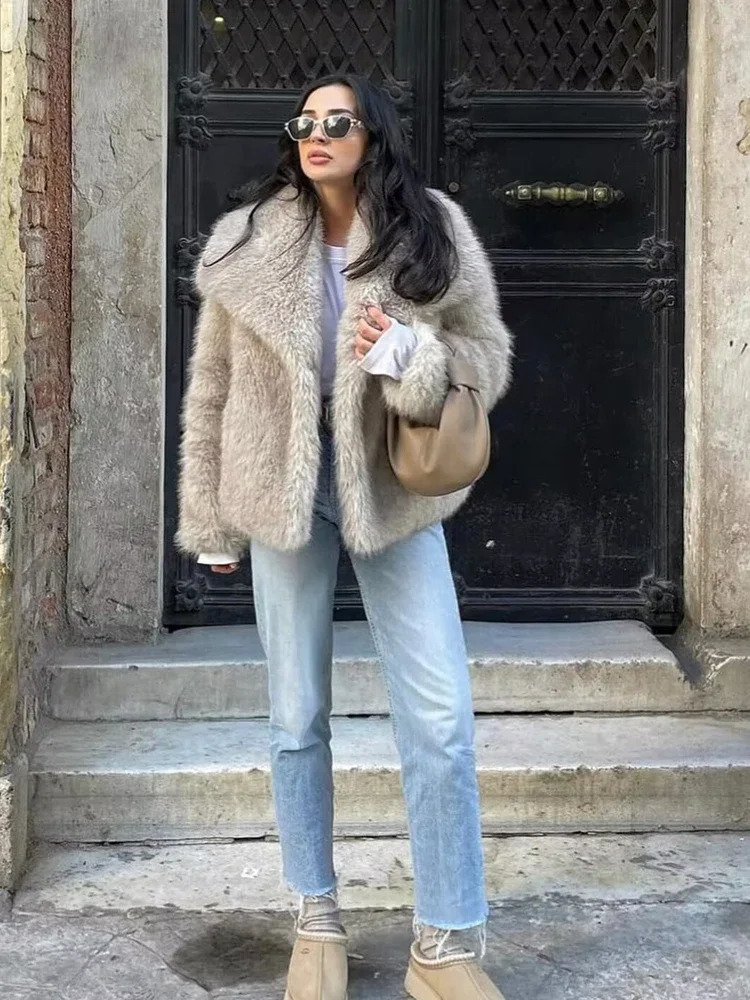 TRAF Faux Fur Coat Plush Fluffy Womens Jacket 2024 Woman Autumn Winter in Outerwears White Red Gray Black Wool Blends Coats 241106