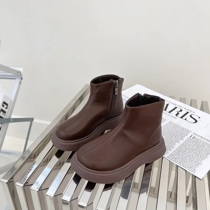 Kid Shoe Child Fashionable Short Boot Simple Girl Single Boot Soft Sole Leather Shoe Anti Slip Bare Boot Winter Casual Shoe 241106