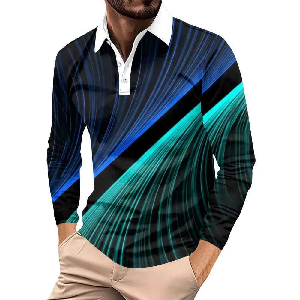 Mens Shirt Cool Geometry 3D Printing Strt Fashion Collar Graphic T-shirt Mens Top Casual Button Mens Long Sve T-shirt W241106