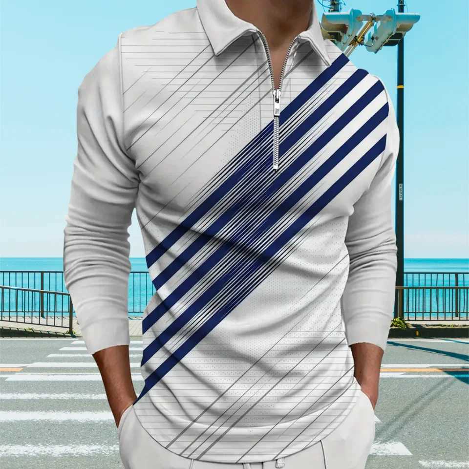 Mens shirt fashionable color block printing casual lapel clothing mens T-shirt top fashionable V-neck sports long Sve mens clothing W241106
