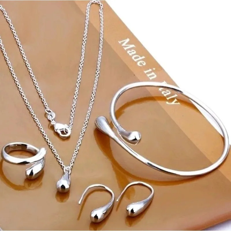 Fashion S925 Silver Needle Earrings Ring Bracelet Set Simple Personality Womens Water Drop Fourpiece Jewelry for Women Gift 241106