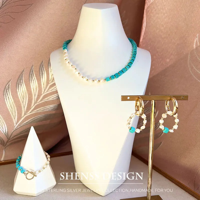 Jewelry Set Natural Freshwater Pearl Blue Turquoise Necklace Bracelet Earrings Copper Plated 14k Gold Accessories Jewelry 241106