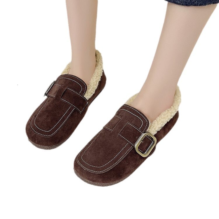 High heels, plus plus plus size bean shoes, women's music shoes, versatile and thick plush single shoes, wearing cotton shoes on the outside