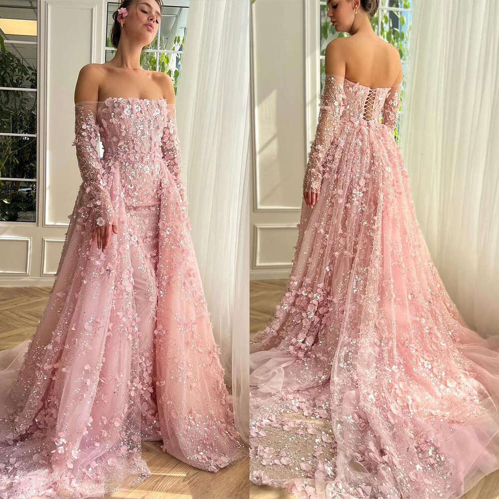 Elegant Pink ra Evening Dresses Hand Made wers Sequins Applique Lace Up Prom Party Gowns Long Sleeve Dress With Detachable Train