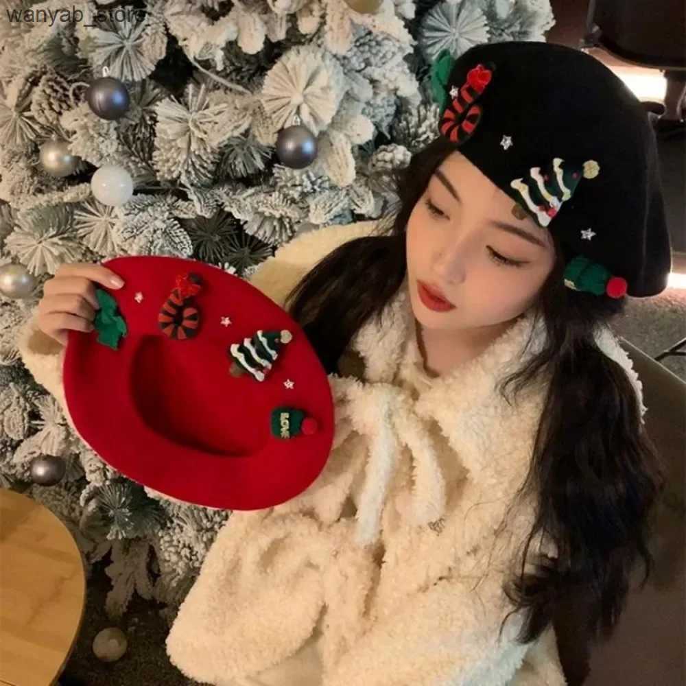 Wide Brim Hats Bucket Hats Women Christmas Beret Cap Red Green Beret Female Winter Headwear Xmas Party Dress Up New Year Gifts Girl Wool Christmas Hat
