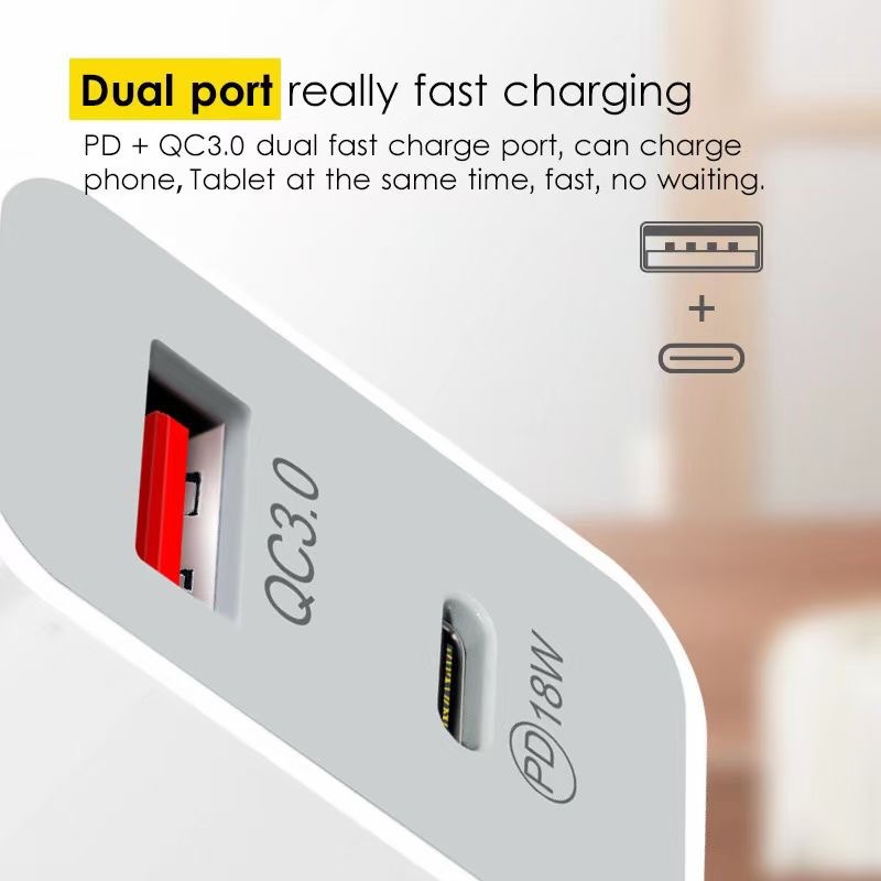 18W PD Charger Dual USB Quick Charger USB QC3.0 Type C Wall Charger US/EU/UK Plug Wall Adaptor for iPhone 14 Mobile Phone
