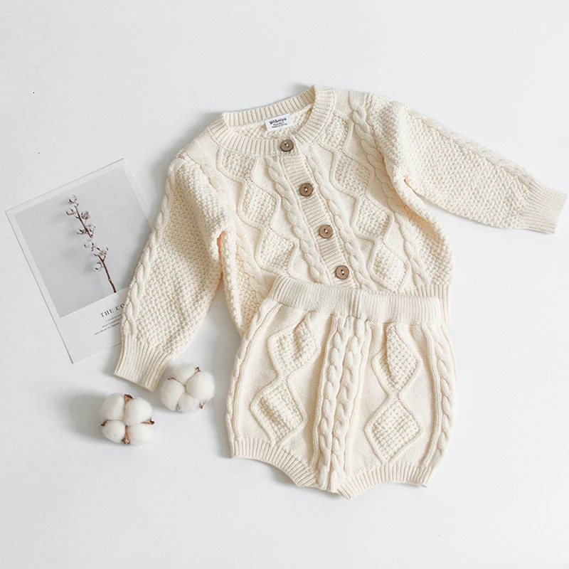 Cotton Boys Girls Baby Knit Sweater Cardigan Shorts Suit Autumn Winter Children Clothing Baby Clothes Suit 241106