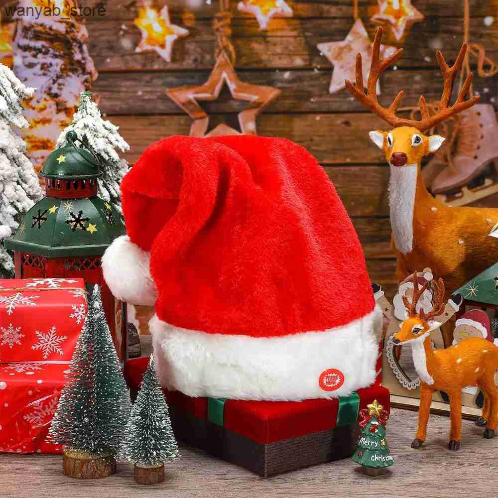 Wide Brim Hats Bucket Hats Singing And Dancing Christmas Hat Electric Swing Moving Santa Hat Plush Christmas Cap For Christmas New Year Party Supplies