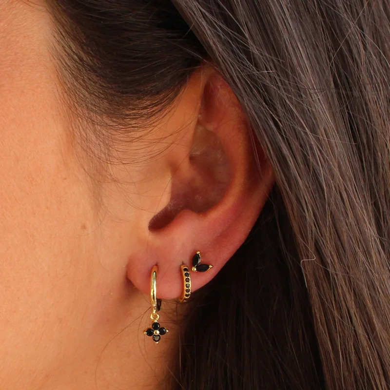 3PCS Exquisite Green Zircon Hanging Earrings Set for Women Stainless Steel Flower Dangle Earring Cartilage Piercing Jewelry 241106