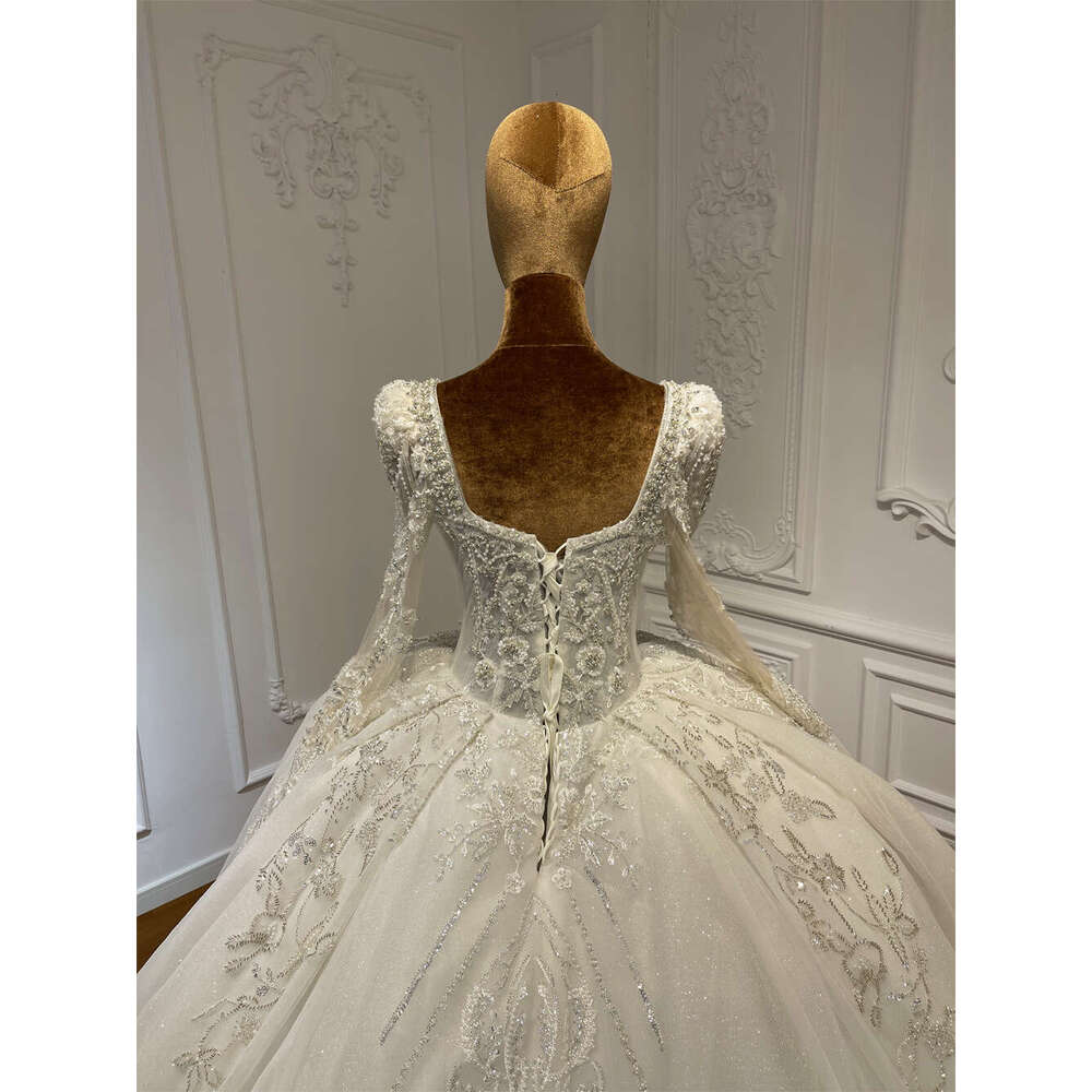Customized Square Neck Full Lace Long Sleeve Bridal Ball Gown Wedding Dress
