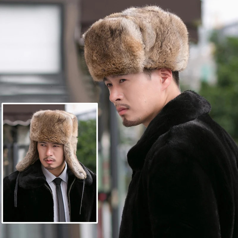 Thick and warm bomber hat mens real rabbit fur earrings catcher Russian hat mens plus size winter hat mens skiing Russian hat 241106