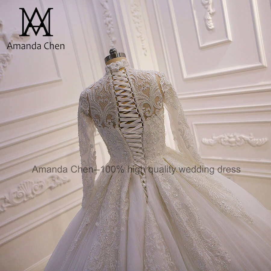 robe mariage femme High Neck Long Sleeve Lace Appliqued Wedding Dress