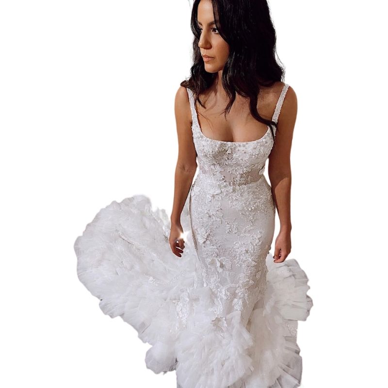 Arabic Mermaid Sexy Wedding Dresses Illusion Spaghetti Straps Lace Appliques Crystal Beads Pearls Open Back Ruffles Tiered Bridal Gowns Cathedral Trai
