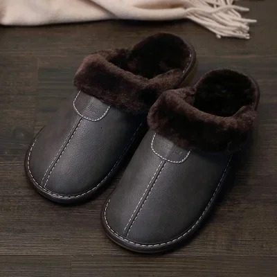 Men's Black 2025 New Designer Winter PU Indoor Slippers Waterproof Home Shoes Women's Warm Leather Slippers