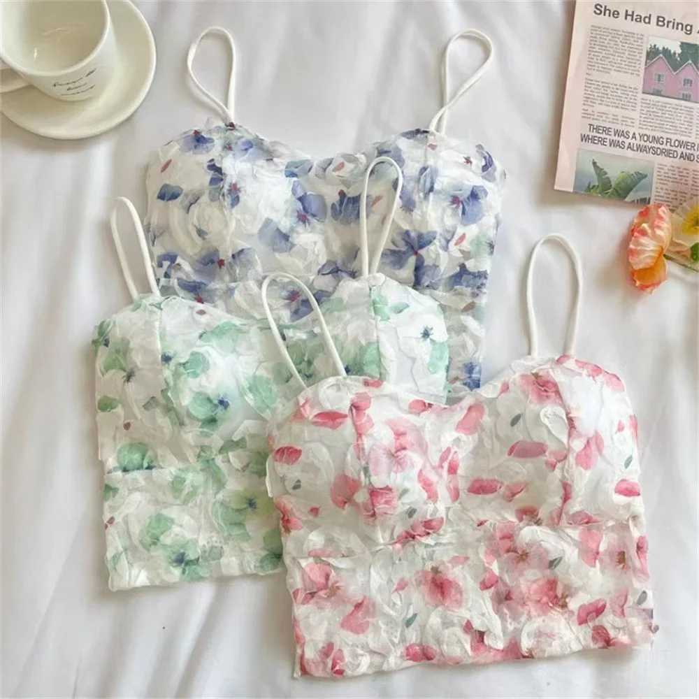 Floral Printed Camisole Woman Summer Sweet Spaghetti Strap Tank Top Fe with Built in Bra Corset Women Vest with PaddedX241022