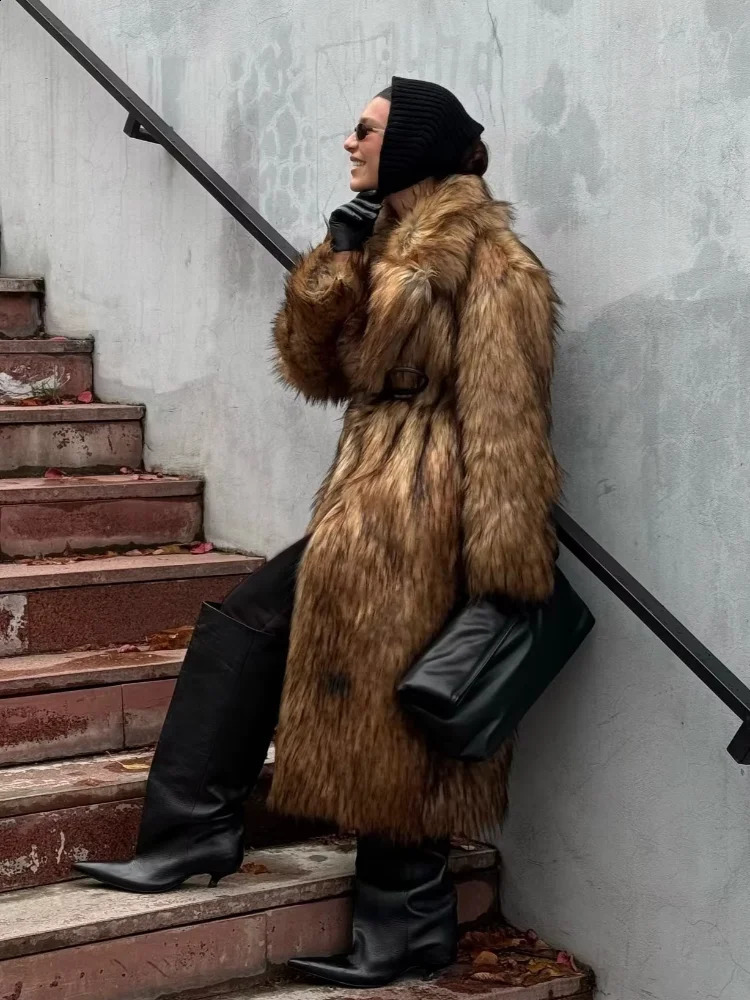 Winter Fashion Solid Lapel Long Faux Fur Overcoat Casual Thicken Warm Fluffy Plush Womens Jackets Lady y Outerwear 241104