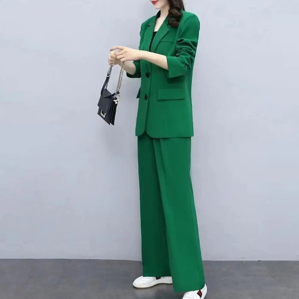2 PcsSet Autumn Women Coat Pants Suit Formal Business Style Lapel Button Clre Twopiece Set Long Sleeve Wide Leg Lady Outfit 241105