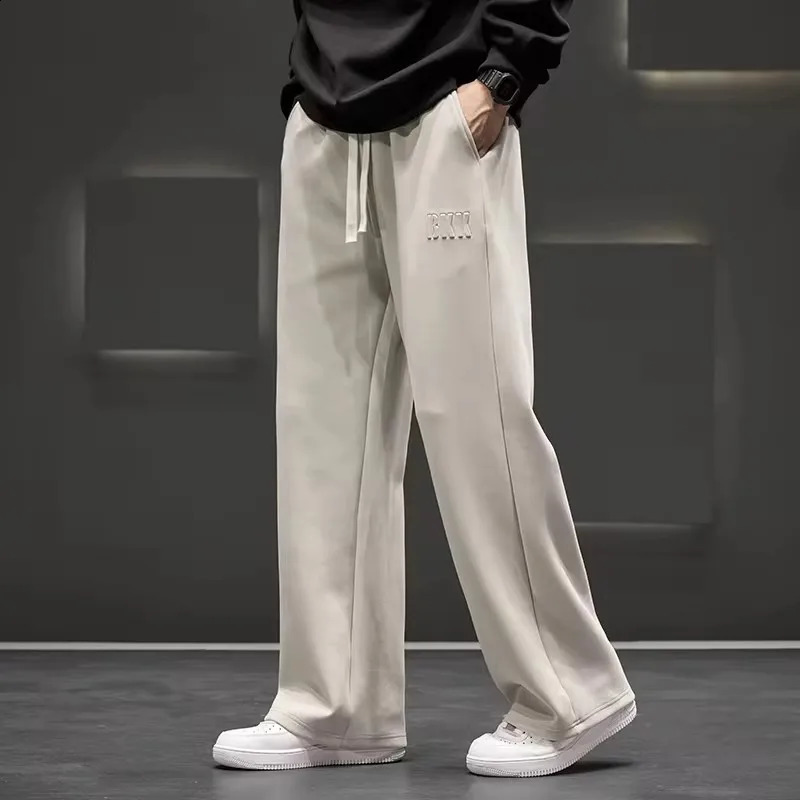 Autumn Men Knitted Sports Pant Steel Stamp Printing Wide Leg Casual Trousers Straight Solid Lightweight Cotton Fabric Unisex 241104