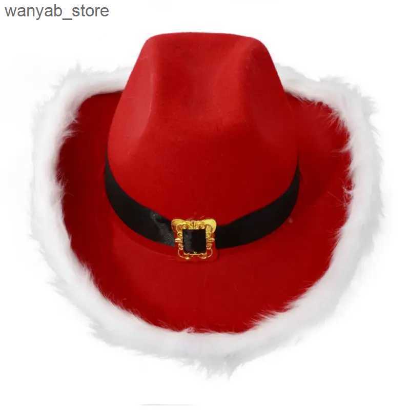 Wide Brim Hats Bucket Hats Fashion Christmas Cowboy Hats LED Luminous Red Velvet And White Feather Santa Hat Women Girls Cosplay Tiara New Year Party 