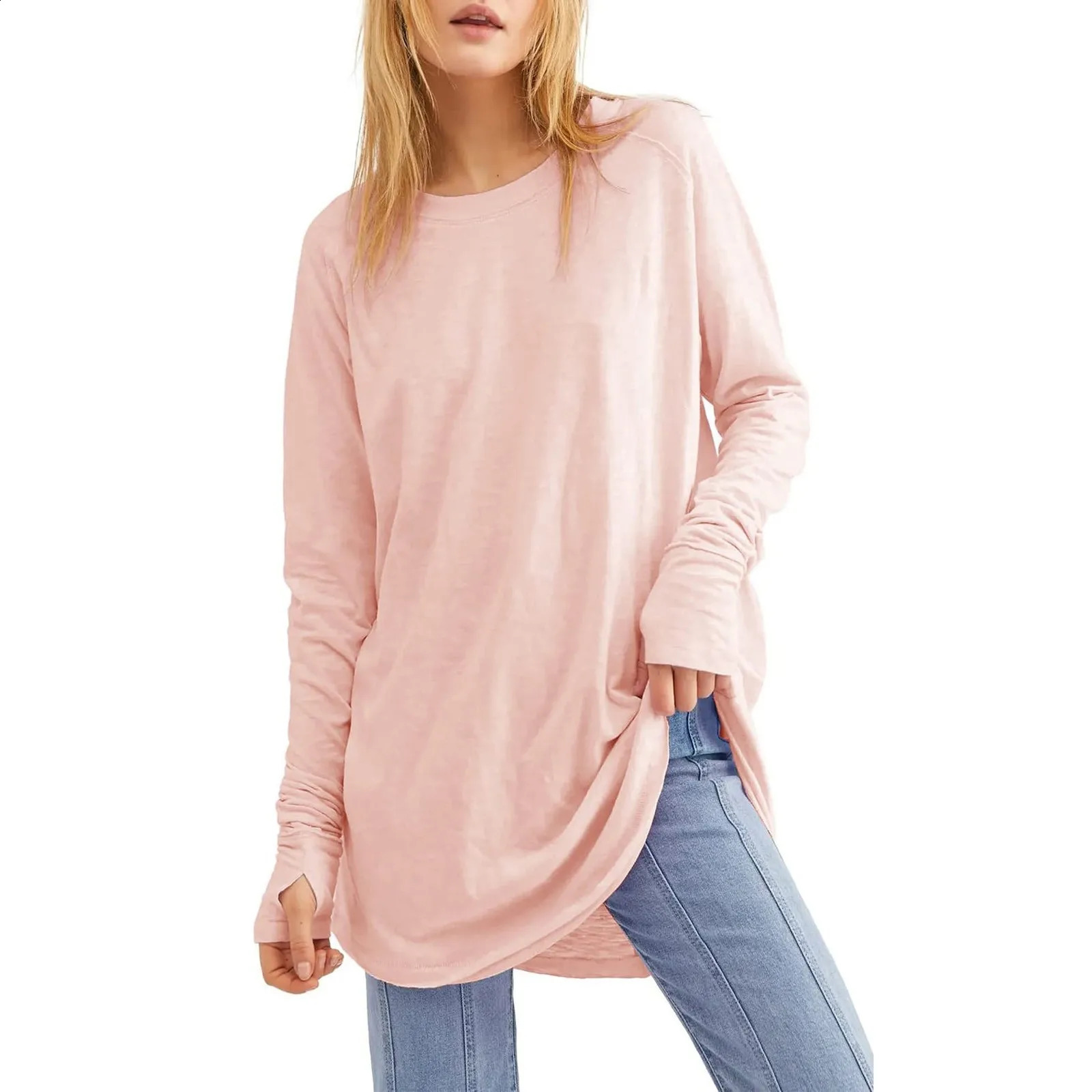 Womens TShirt Solid Round Neck Loose Long Sleeve Medium Length Comfy Thumb Hole Shirts Basic Stretch Layer Tshirt Top 241029