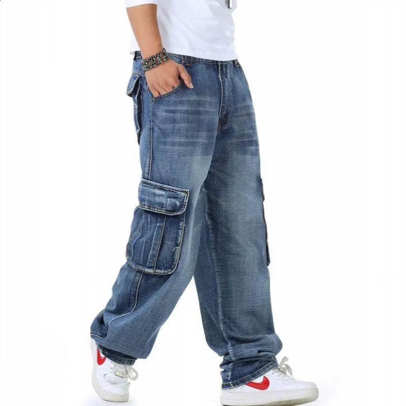 Large Size Loose Jeans Men Denim Pants Straight Pocket Baggy Casual Streetwear Hip Hop Blue Wide Leg Cargo Trousers 241105