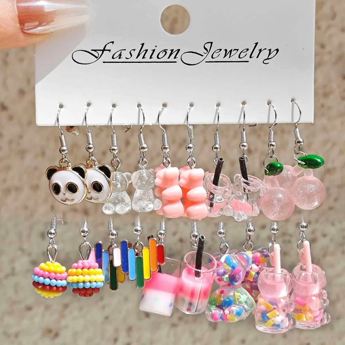 10 pairs of fresh colored resin pendant earrings with cute flowers milk tea earrings Fem X241106