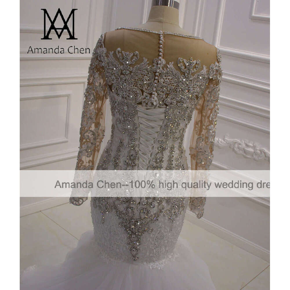 mariage Long Sleeve Lace Appliques Crystal Mermaid Wedding Dress