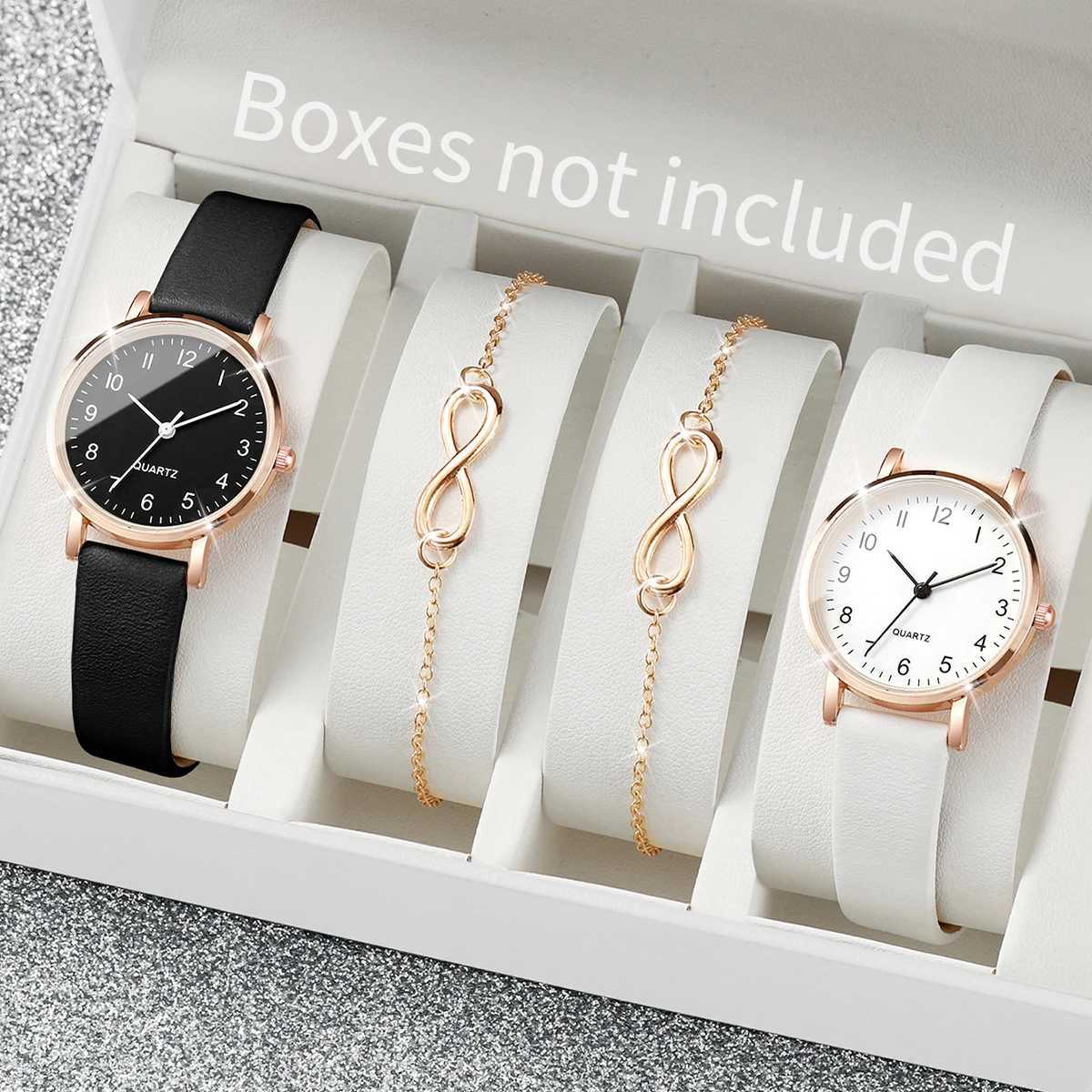 4-piece/unisex set fashionable leather strap quartz watch with double bracelet set X241106