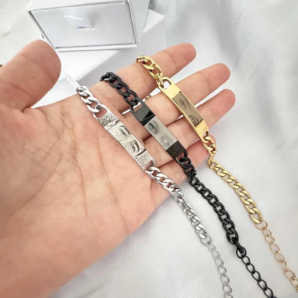 Personalized E photo couple bracelet stainless steel Cuban chain bracelet can be carved picture Personalized jewelry set X241106