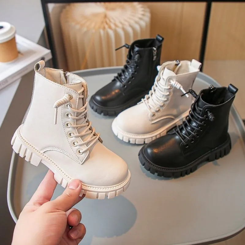 Childrens Platform Ankle Boots Autumn Winter Girls Causal Black Leather Boots Fashion Non-slip Kids School Thick Bottom Boots 241106