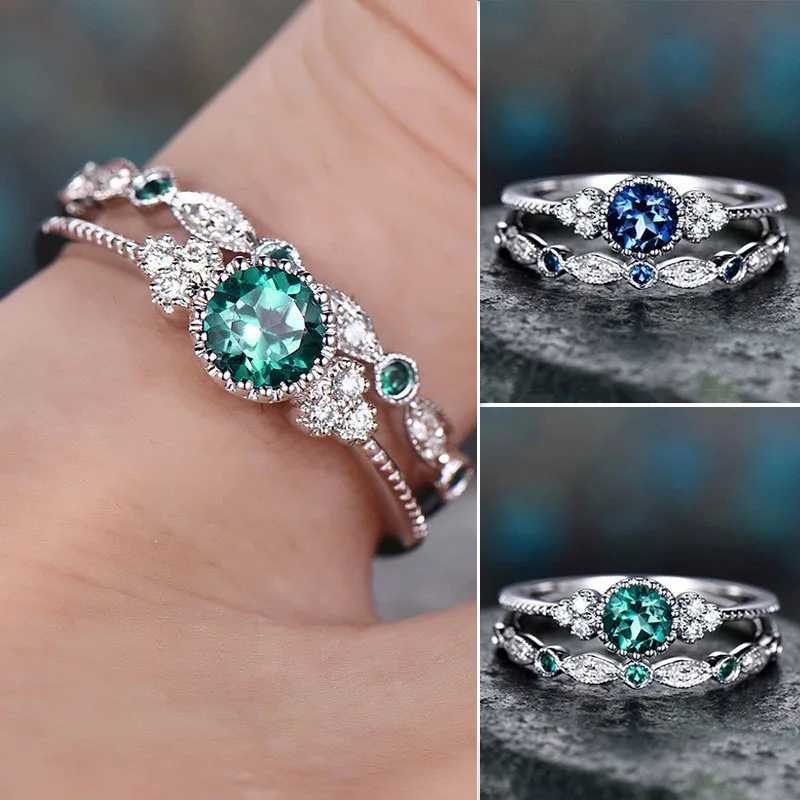 Cross border retro simple jade sapphire ring set Wens fashionable handmade jewelry alloy zircon ring X241106