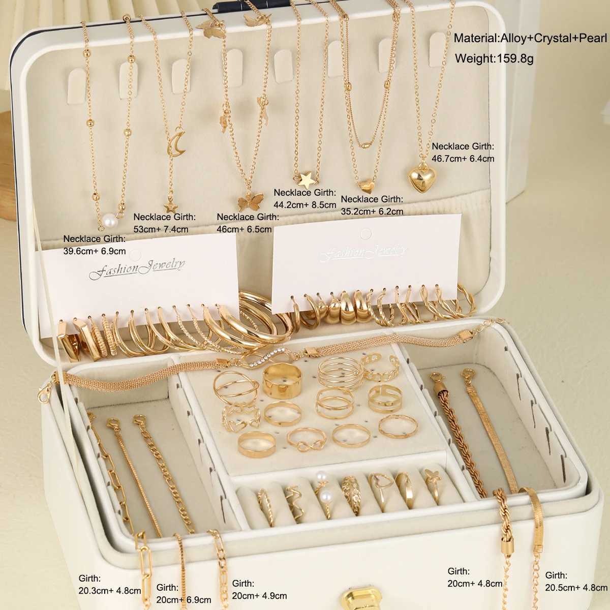 Elegant retro chic jewelry set including pendant necklace twisted C-ring earrings gold ring bracelet daily set X241106