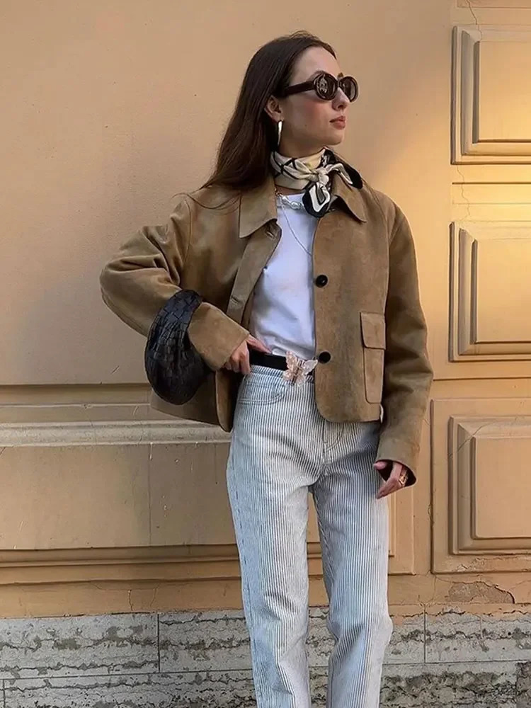 Women Vintage Chamois Leather Cropped Solid Long Sleeve Coats Female Single Breasted Lady Jacket Lady Autumn Streetwear Tops 241106