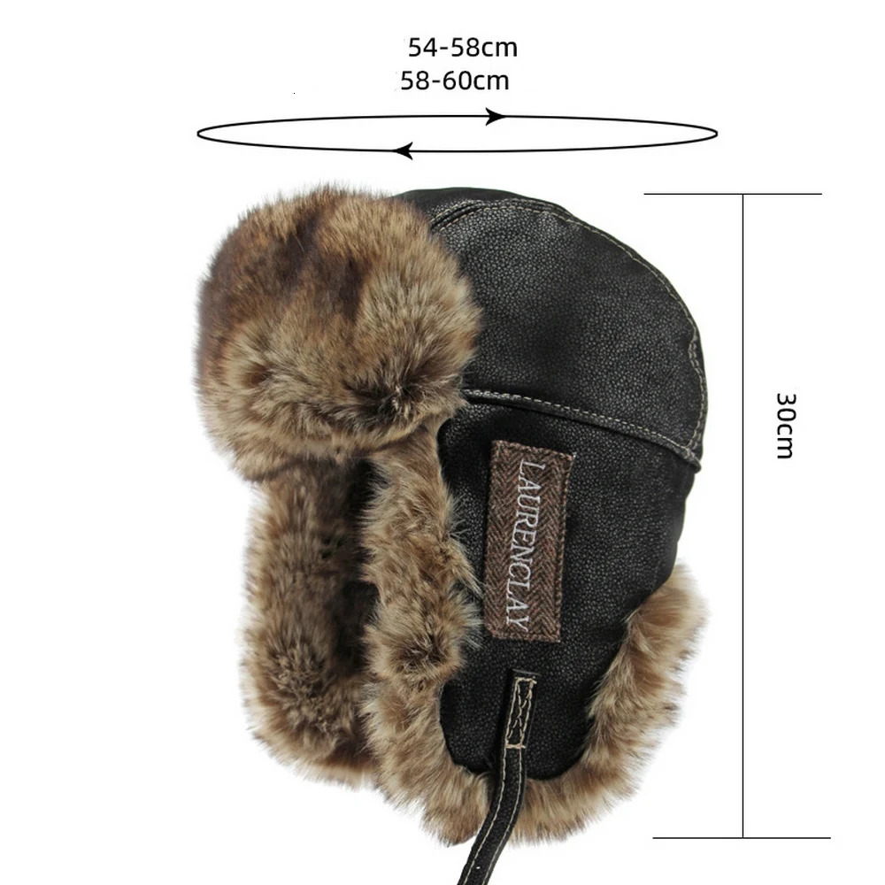 Winter Mens Ear Hood Bomber Hat Artificial Leather Thick Plush 54-60cm Retro Pilot Style Outdoor Warmth YF0201 241106