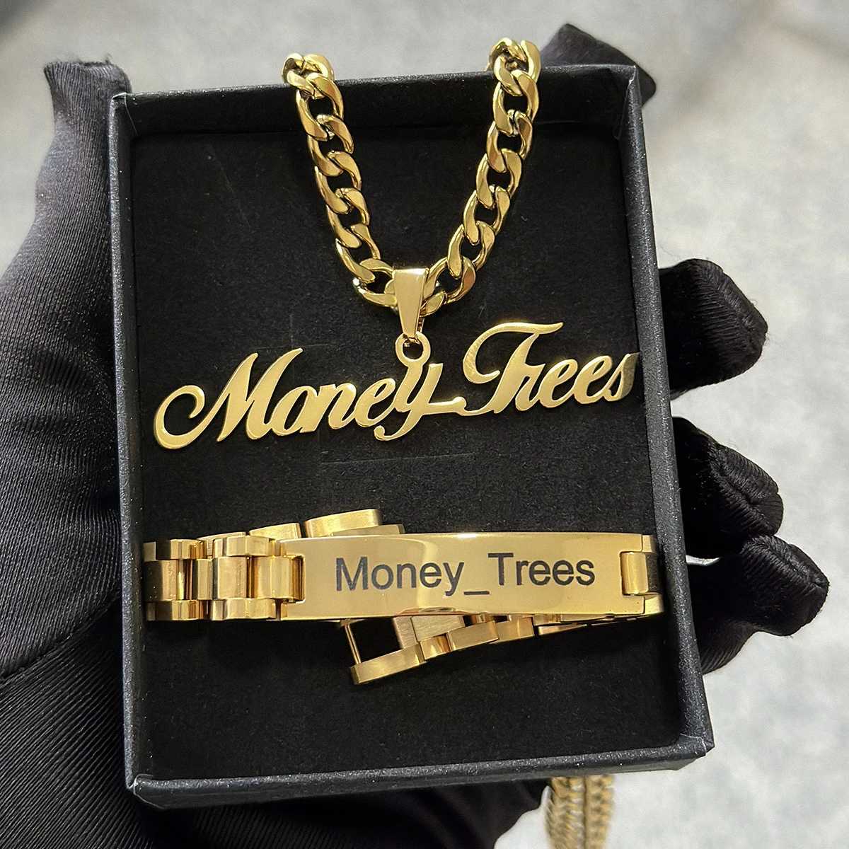 New Mens Name Bracelet Necklace Set Stainless Steel 5mm Cuban Chain Large Name Board Pendant Carving Name Bracelet Customized Jewelry Set X241106