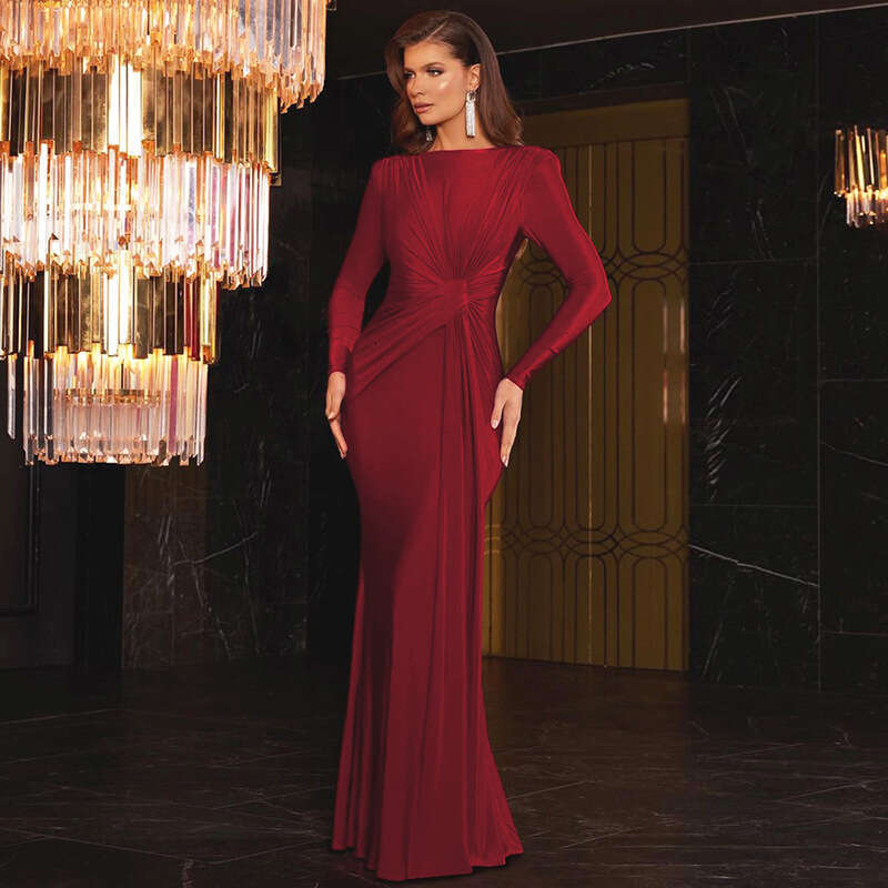 Talenza Elegant High Waist Pleated Maxi Women's New Solid O Neck Long Sleeve Slim Dress Party Evening Gown Robe