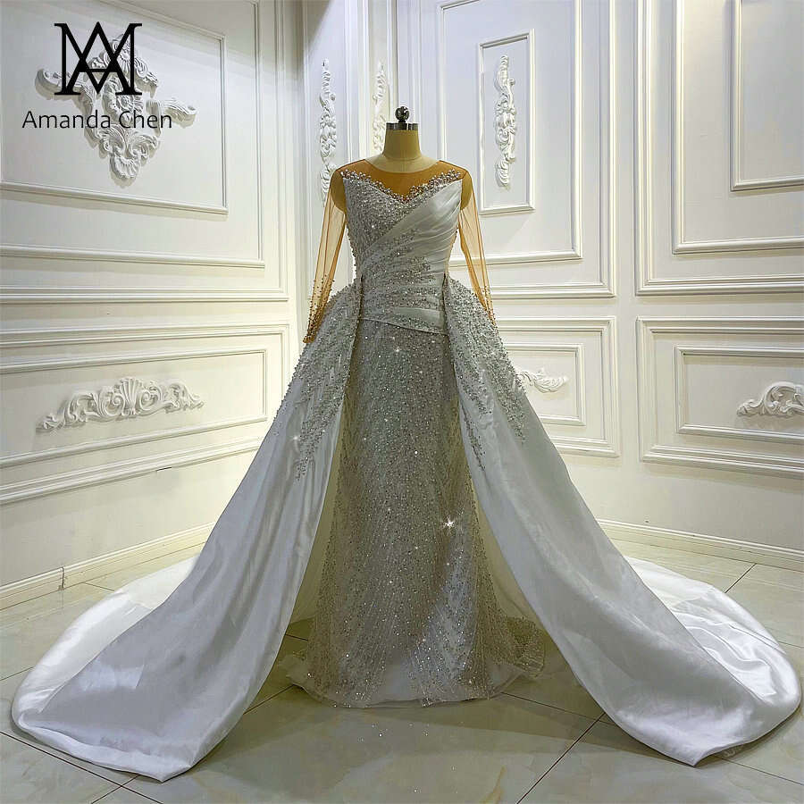 bridal dress Long Sleeve Lace Appliqued Handwork Pearls Detachable Skirt Wedding Dress