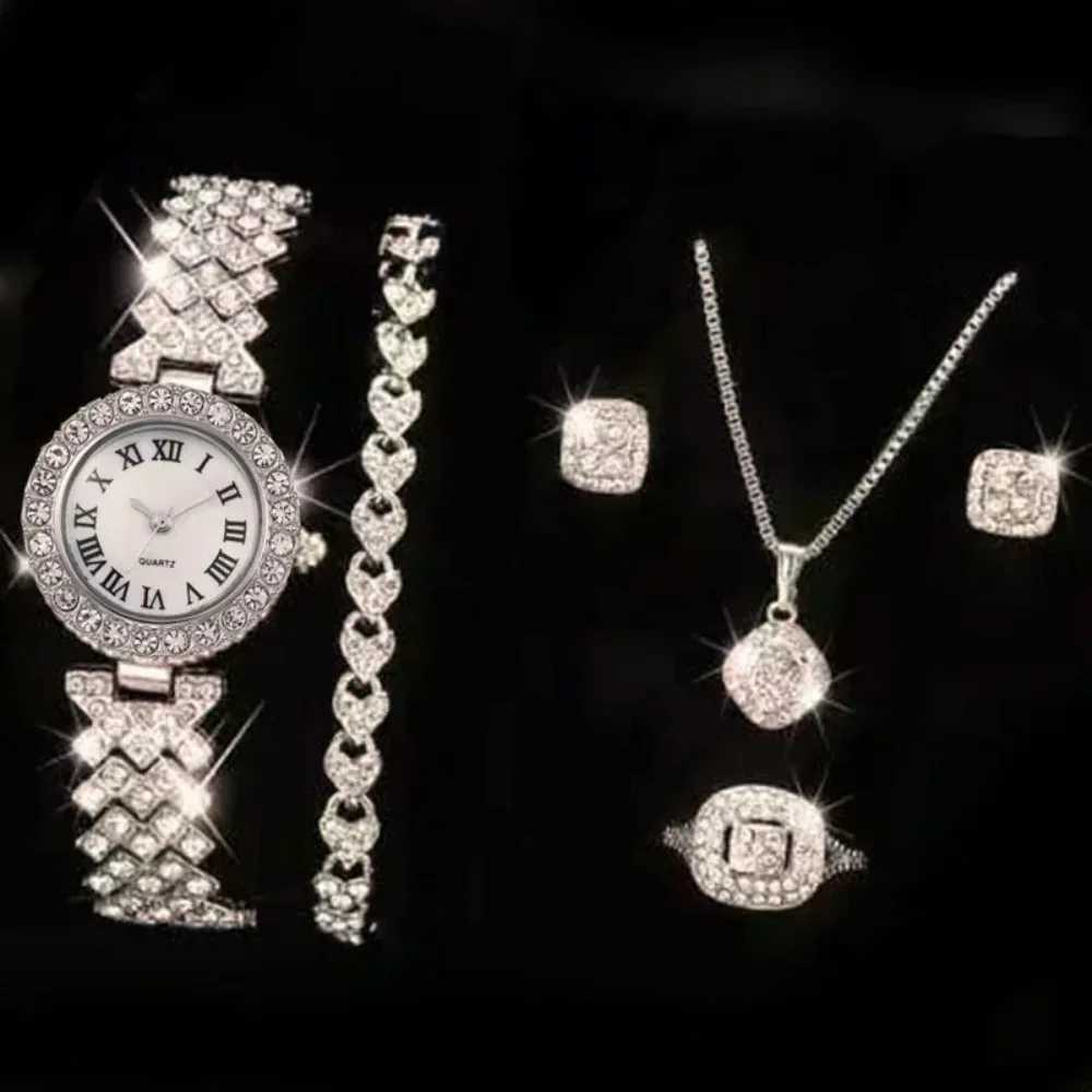 Luxury Fl Crystal 5-piece Watch Necklace Earrings Ring Set Rhinestone Watch Fem Bracelet Set Gift Reloj MUJI X241106