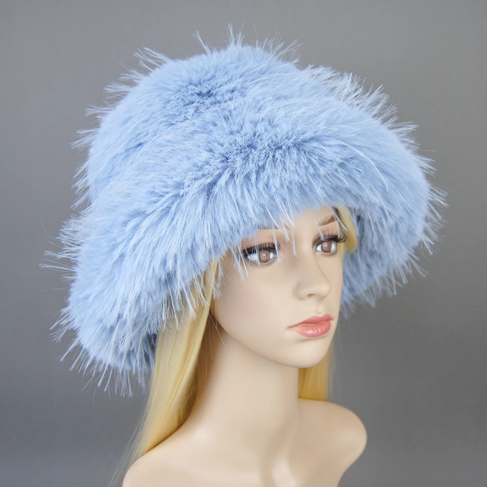 Winter autumn womens bucket hat oversized fluffy Brim soft long tailed synthetic raccoon fur elegant fisherman hat 241106