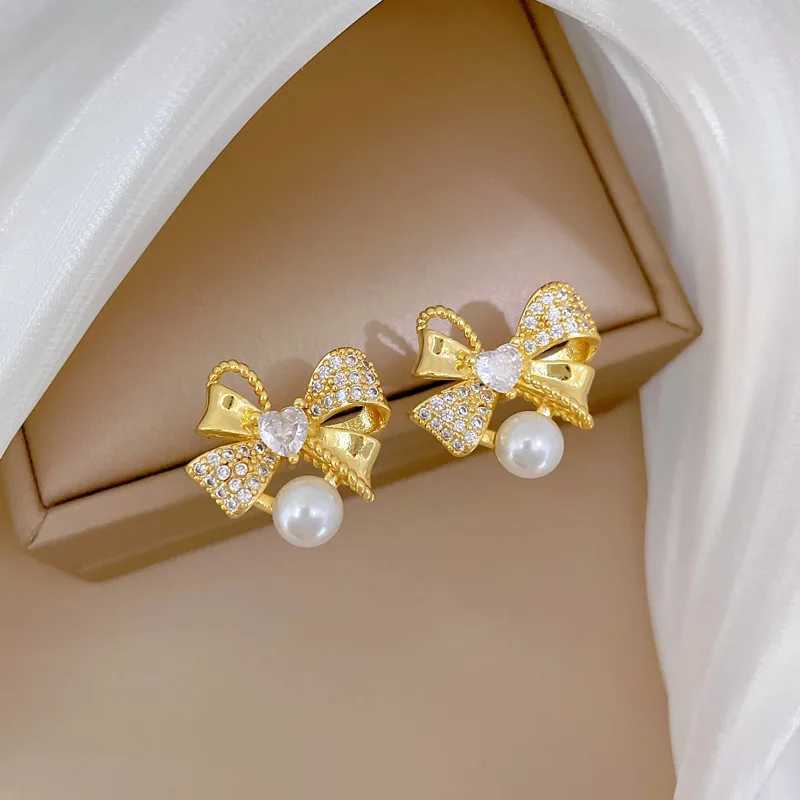 Classic Personalized Micro inlaid Pearl Stainless Steel Bow Necklace Earring Set Fashion Girl Ning Accessories Gift X241106