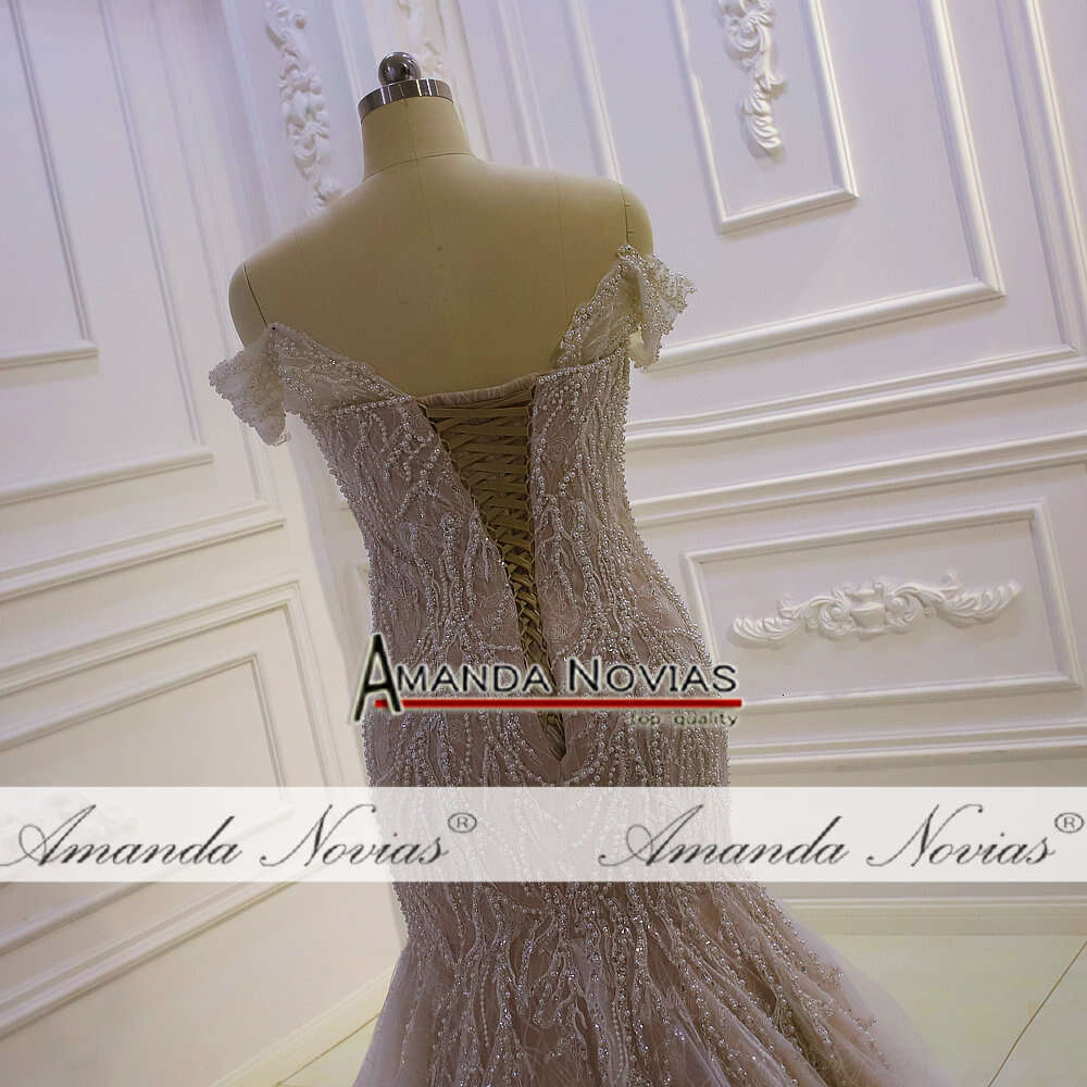 Champagne Off The Shoulder Full Pearls Lace Mermaid Wedding Dress