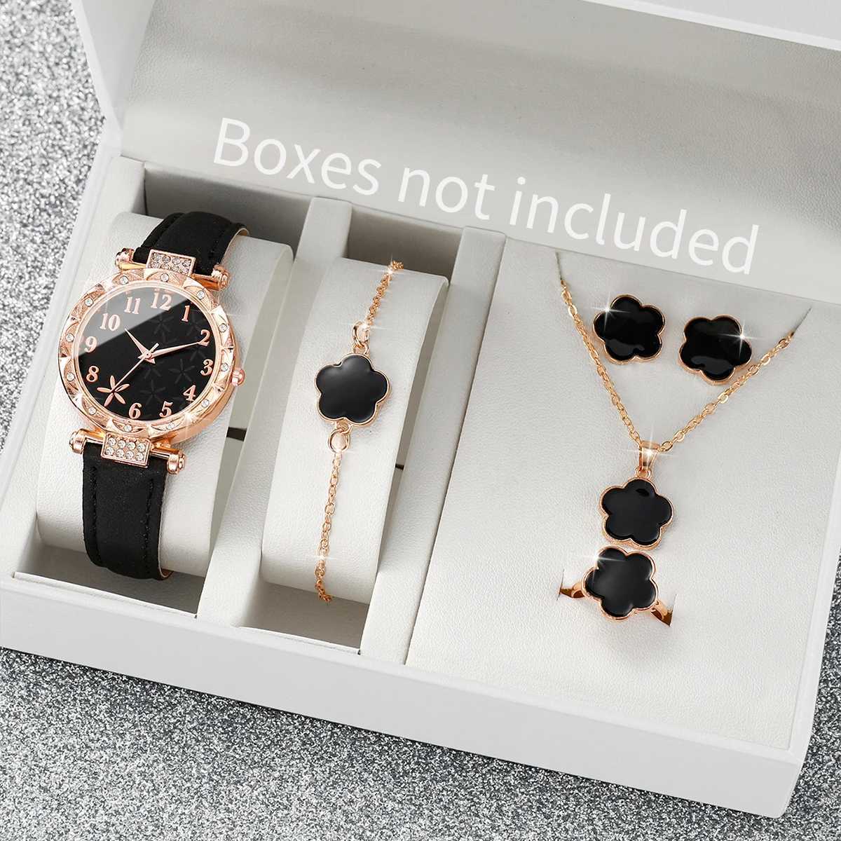 6-piece/set Warm Sweet Wind Watch Set Fashion Flower Series Leather Quartz Watch Bracelet Set X241106